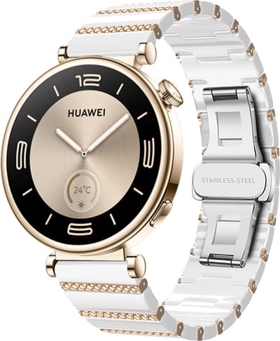 Strap-it Smartwatch bandje 18mm keramiek - Hoogwaardig 'One bead' keramisch bandje - geschikt voor Huawei Watch GT 4 - 41mm / Watch GT 5 41mm / GT 5 Pro - 42mm (wit/rosé goud)