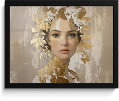 Poster in lijst - Fotolijst 40x30 cm - Posters - Gezicht - Vrouw - Bladeren - Goud - Posterlijst zwart - Decoratie - Wanddecoratie woonkamer - Muurdecoratie slaapkamer