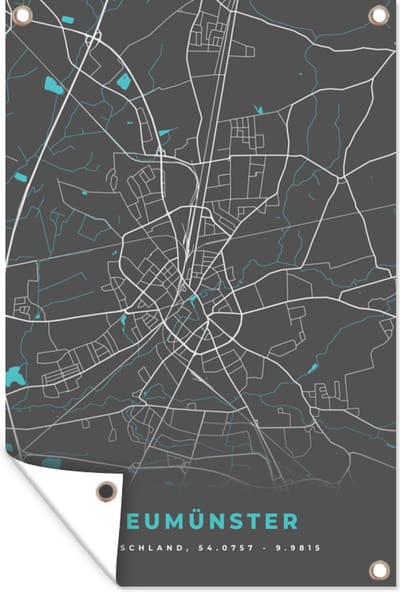 Muurdecoratie Neumünster – Stadskaart – Blauw – Plattegrond – Stadskaart – Kaart - Duitsland - 120x180 cm - Tuinposter - Tuindoek