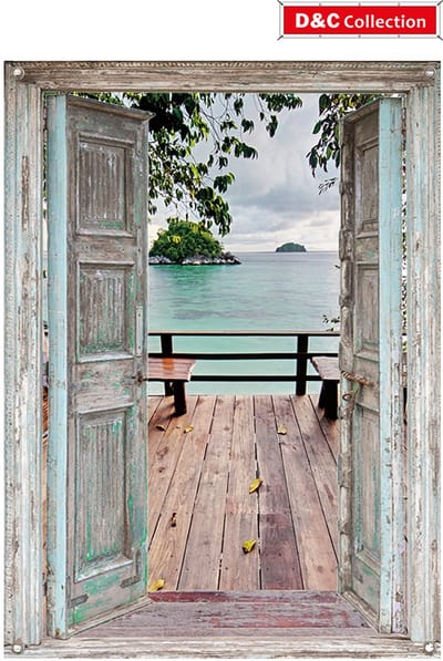 D&C Collection - tuinposter - 65x90 cm - doorkijk deuren vlonderterras Thailand - tuindoek - schuttingposter - duindecoratie
