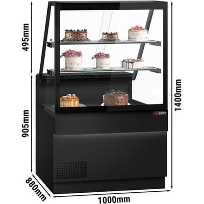 GGM Gastro Kühltheke TORONTO - 1000mm - Doppelverglasung - schwarze Front - 2 Ablagen - schwarze Granit-Arbeitsplatte
