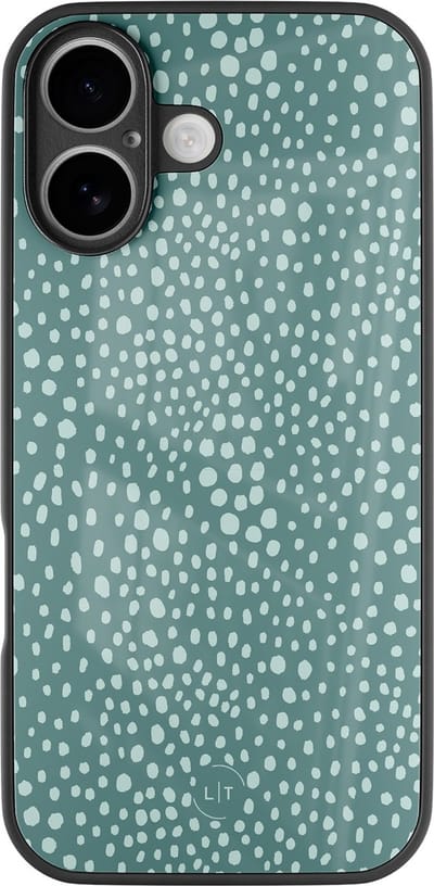 Hoesje geschikt voor iPhone 17 - Blue dots - Luxe Glazen Hardcase - Gestipt - Blauw - Leuke Telefoonhoesjes
