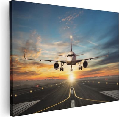 Artaza Canvas Schilderij Opstijgend Vliegtuig - 40x30 cm - Klein - Wanddecoratie Luchtvaart - Muurdecoratie Zon - Kamer Accessoires