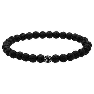 Lucardi - Heren Stainless steel herenkralenarmband zwart lavasteen - Armband - Staal - Zilverkleurig - 18 cm
