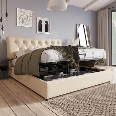 DESMIU Gestoffeerd Bed 160x200 cm – Verstelbaar Hoofdbord – Hydraulisch Opklapbaar Met Grote Opbergruimte – Voor Slaapkamer – Linnen – Natuurlijk – Zonder Matras