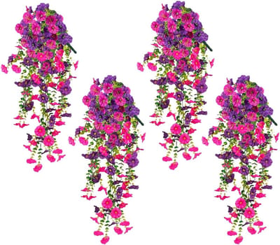 Kunst hangplanten-kunstbloemen voor buiten-4 kunstplanten - hangende petunia's - voor binnen- en buitenmuren en balkons - paars - 75 cm