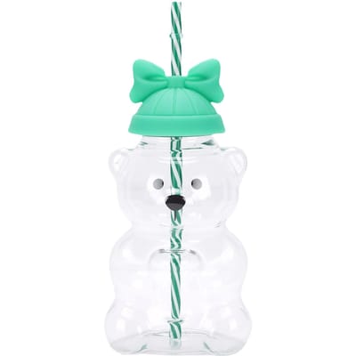 Tasse à paille en forme d'ours avec couvercle à nœud 600 ml Verre Forme d'animal Mignon Ours Bouteille à boire pour Café Lait Thé aux fruits Jus Vert