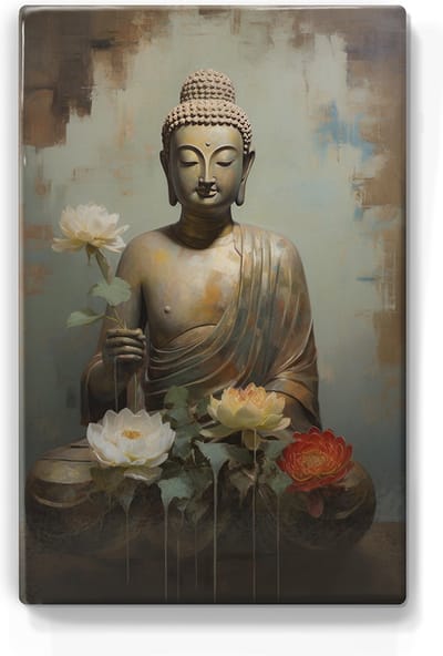 Boeddha met bloemen - Mini Laqueprint - 9,6 x 14,7 cm - Niet van echt te onderscheiden handgelakt schilderijtje op hout - Mooier dan een print op canvas. - LPS537