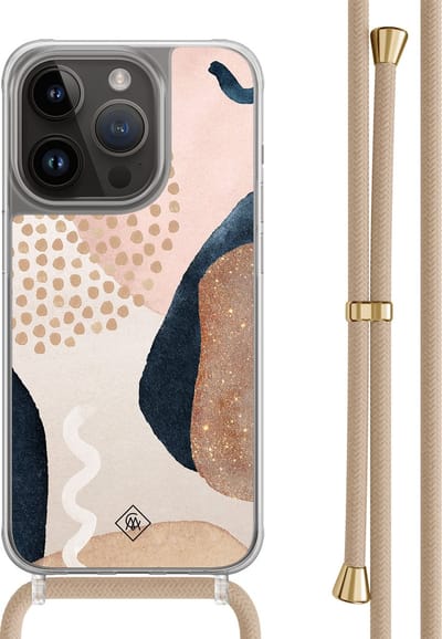 Casimoda® hoesje met beige koord - Geschikt voor iPhone 14 Pro - Abstract Dots - Afneembaar koord - TPU/polycarbonaat - Bruin/beige