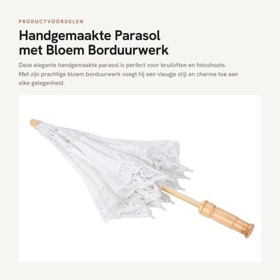 Dailygoods- Parasol Handgemaakt - Zijden Doek - Bruiloft/Fotografie - Beige/Wit - 53 cm/20,9 inch - 1 Stuk - Lichtgewicht - Trouwparaplu