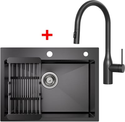 CECIPA max Spoelbak Antraciet 60x45CM - Spoelbak Keuken - Multifunctionele Spoelbak Met Uittrekbare Uitloop Keukenkraan - Spoelbak Met Afdruiprek - Spoelbakken Keuken - Wasbak Keuken - RVS