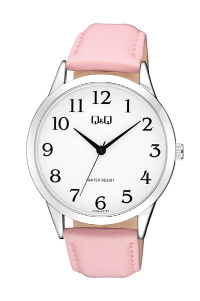 Q&Q C10A-031PY - Horloge - Analoog - Unisex - Leren band - Rond - Metaal - Cijfers - Roze - Zilverkleurig - Wit