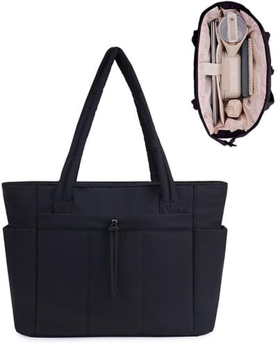 KZQ Tote bag handtas dames met bekerhouder gepolsterde moderne pufferstijl laptopvak en trolley sleeve zwart