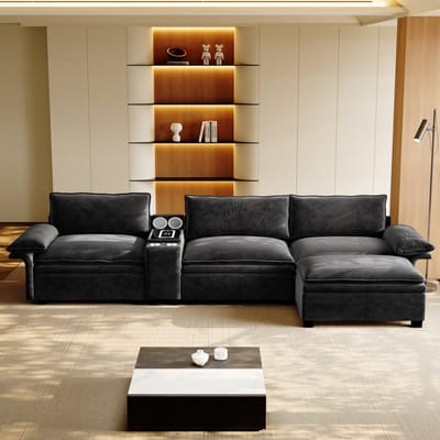 MODFU Modulaire Hoekbank - Met Opbergruimte, Draadloos Opladen En Luidsprekers - Chenille - Zwart - 315 Cm