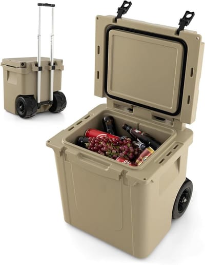 Koelbox met wielen - Isolatiebox thermobox - Outdoor evenementen - Lange koelduur - 43 liter inhoud - Zandkleur