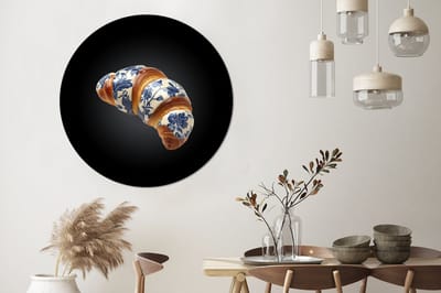 WallCircle - Wandcirkel - Muurcirkel - Croissant - Bloemenpatroon - Delftsblauw - Aluminium - Dibond - 140x140 cm - Binnen en Buiten