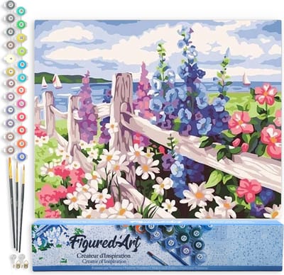 Figured'Art Schilderen op Nummer Volwassenen canvas Bloemen en kustachtergrond- Handwerk acrylverf Kit DIY Compleet - 40x50cm zonder frame