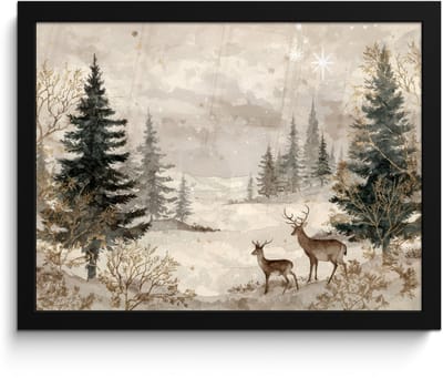 Poster in lijst - Fotolijst 40x30 cm - Posters - Bos - Herten - Winter - Sneeuw - Posterlijst zwart - Decoratie - Wanddecoratie woonkamer - Muurdecoratie slaapkamer
