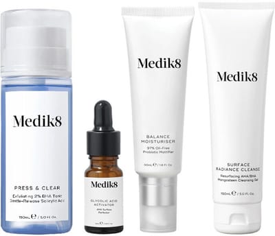 Medik8 Surface Radiance Cleanse 150ml + Press & Clear Cleanser 150ml + Balance Moisturiser + Glycolic Adic Activator 50ml