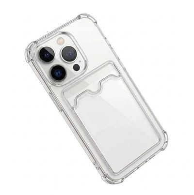 Transparant telefoon hoesje met kaarthouder geschikt voor iPhone 14 Pro – doorzichtig TPU backcover case dames en heren – schokbestendig ontwerp met foto vak en verstevigde hoeken