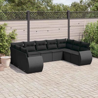 vidaXL - 9-delige - Loungeset - met - kussens - poly - rattan - zwart