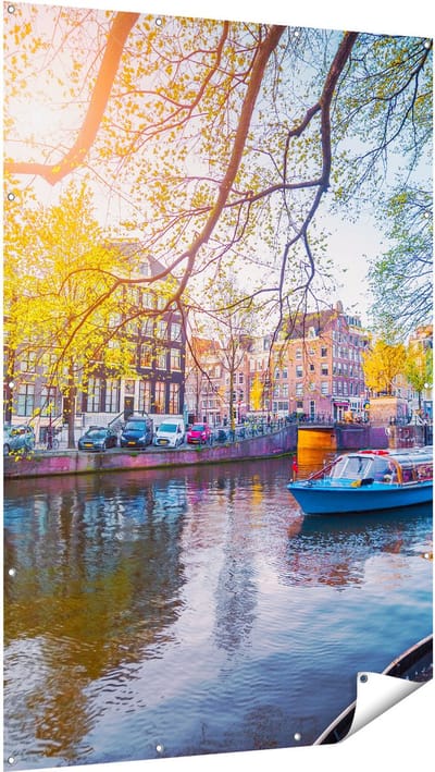 Gards Tuinposter Amsterdamse Gracht tijdens het Voorjaar - 120x180 cm - Tuindoek - Tuindecoratie - Wanddecoratie buiten - Tuinschilderij