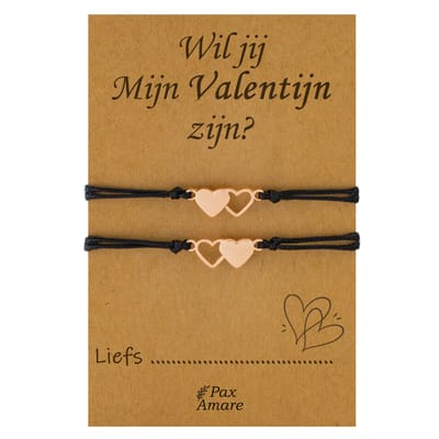 Koppel Armbandjes voor 2 "Wil jij mijn Valentijn zijn?" - Hartjes - BFF Armbandjes met Cadeau Kaartje - Rosé Goud & Zwart - Elastisch Verstelbaar - Pax Amare