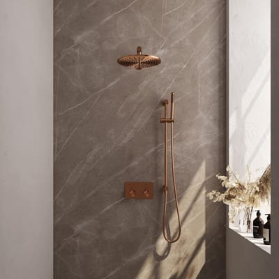 Brauer Copper Edition Thermostatische Regendoucheset Inbouw - Hoofddouche 30 cm - Rechte Wandarm - Met Drukknoppen - Handdouche Staaf - Doucheslang - Geintegreerde Glijstang
