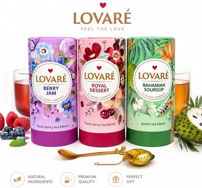 Lovaré Luxe Thee Cadeauset – 3 Premium Losse Thee Tubes + Gouden Theelepel + Thee-ei – Bahamian Soursop, Royal Dessert & Berry Jam – Cadeau voor Theeliefhebbers