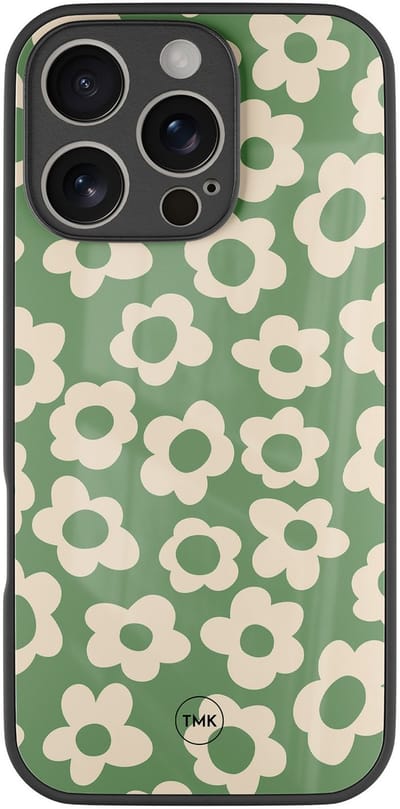 Hoesje geschikt voor Apple iPhone 16 Pro - Retro cute flowers - Groen - TPU luxe case (glossy toplaag) - Bloemen - Hardcase backcover zwart