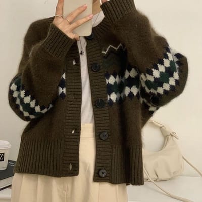 Cardigan Tricoté d'Automne Veste Courte pour Femme Pull Jacquard Ample Extérieur Col Rond Haut One size