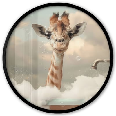 Poster in lijst Rond - Fotolijst 40x40 cm - Posters - Giraffe - Wilde dieren - Bad - Schuim - Ronde posterlijst zwart - Decoratie - Wanddecoratie woonkamer - Muurdecoratie slaapkamer
