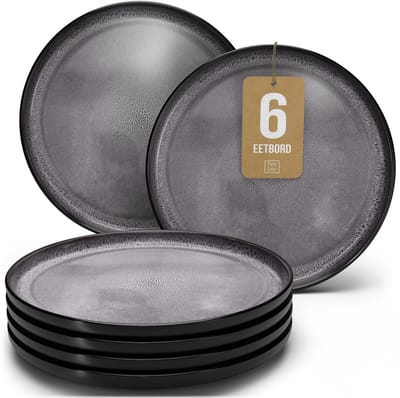Pure Living Ibiza Dark Set Van 6 Dinerborden - Ø 26 cm - Grijs - Aardewerk - Vaatwasserbestendig - Magnetronbestendig