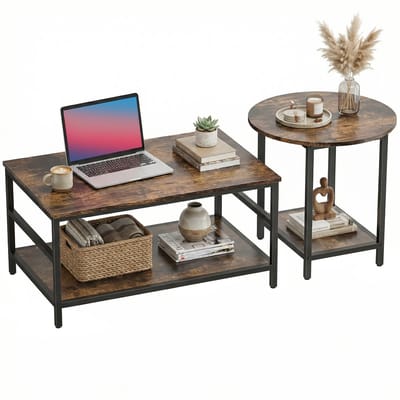 HOMCOM Bijzettafel-Staal, Houtmateriaal-80L x 54B x 41H cm-Rustiek-Bruin