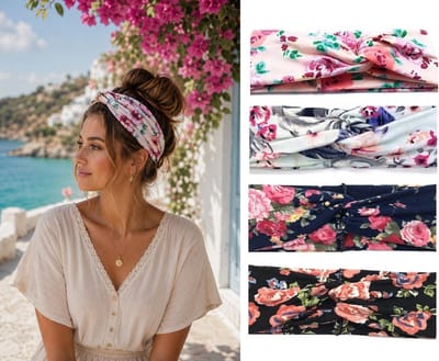 Dames Haarbanden Set 4 Stuks - Grote Bloemen - Blauw, Zwart en Groen - Modieuze Haaraccessoires