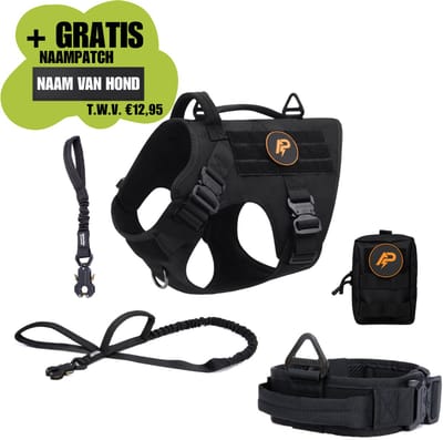 Always Prepared® Pro Combi Deal - Hondentuig + Halsband + Riem + Opbergtasje - Totaalpakket - Anti-Trek Set voor Middel en Grote Honden - Zwart- Maat M