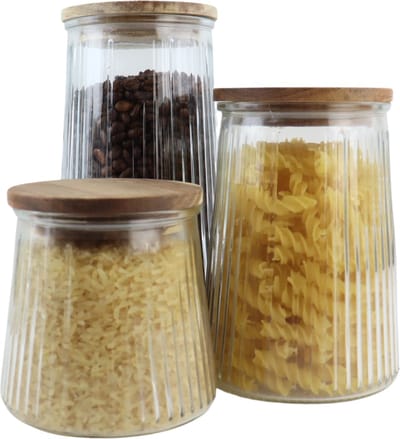 OTIX Voorraadpotten - Glas - met Deksel - Snoeppotten - Set van 3 - Voedselopbergers - Koffiepads Bewaarbus - Acacia Wood - Diverse Maten - SIRIUS