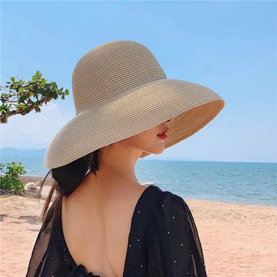 Nieuwe Zomer Hepburn Stijl Vintage Ontwerp Grote Rand Strohoed Dames Meisjes Effen Kleur Strand Vakantie Zonnehoed Elegante Brede Rand Hoed 56-58cm gray