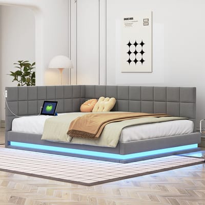 Pugsdrly Gestoffeerd bedbank 140*200 multifunctioneel bed met LED-lichtstrip, USB-aansluiting en lattenbodem, huidvriendelijke fluweelstof grijs