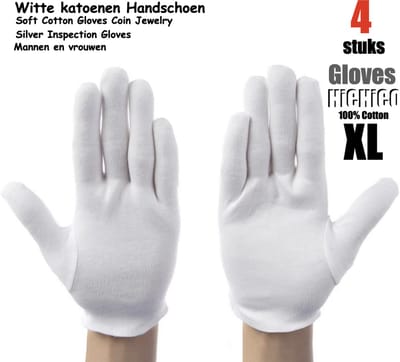 Katoenen handschoenen wit XL 4 stuks – 2 paar Beschermende Handschoenen - Gezondheidszorg - Ziekenhuis - Beauty Center, Kapper en Salon Spa Tattoo – Jewelry - eczeem / allergie / handcreme - juweliers / munt handschoen