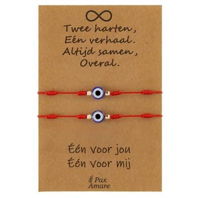 Vriendschapsarmbandjes voor 2 " Twee Harten, Een Verhaal ∞" - Evil Eye - BFF Armbandjes met Persoonlijk Cadeau Kaartje - Rood - Elastisch Verstelbaar - Pax Amare