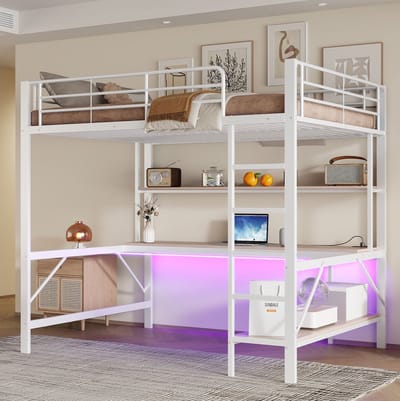 MEUNIQ hoogslaper 140x200 cm met bureau, opbergrek, LED-verlichting, ladder, uitvalbeveiliging, USB en stopcontact voor kinderkamer, wit