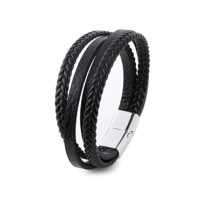 Sorprese armband - Luxury - armband heren - leer - zwart - 4 snoeren - zilverkleurige sluiting - cadeau - Model I
