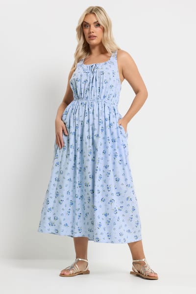 Yours Blauwe Linnen Jurk Met Fijne Bloemenprint In Melkmeisjestijl Size 42