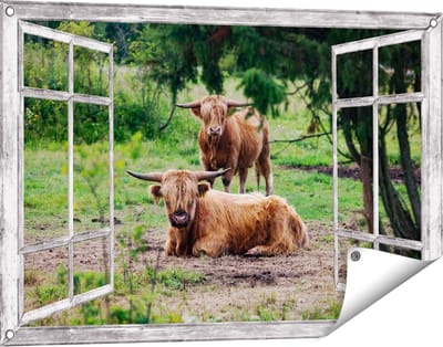 Gards Tuinposter Doorkijk Twee Schotse Hooglanders in de Bossen - 90x60 cm - Tuindoek - Tuindecoratie - Wanddecoratie buiten - Tuinschilderij