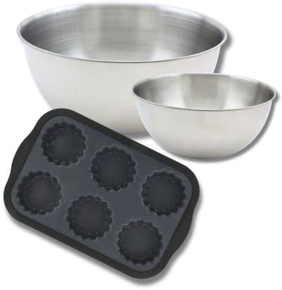 Set met 1 mal voor 6 taartjes van glasvezel, 1 spatel Zenker en 2 mengkommen van roestvrij staal Fackelmann