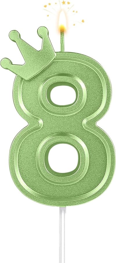 3D Verjaardagskaars met Kroon - 7.5cm Cijferkaars voor Verjaardagen en Jubilea (Groen; 8) - Feestdecoratie en Taartaccessoire