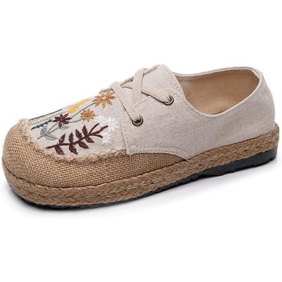 Platte Dames Schoenen Borduurwerk Retro Vetersluiting Ronde Neus Katoen Linnen Handgemaakt Beknopt Comfortabel Dames Schoenen 35