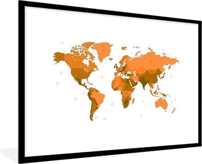 Poster in lijst - Fotolijst 120x80 cm - Posters - Wereldkaart - Oranje - Simpel - Posterlijst zwart - Decoratie - Wanddecoratie woonkamer - Muurdecoratie slaapkamer