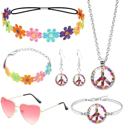Hippiekostuumaccessoires Set - Vintage Jaren '70 Flower Power Met Hoofdband, Zonnebril, Ketting, Oorbellen en Armband voor Carnaval en Themafeesten